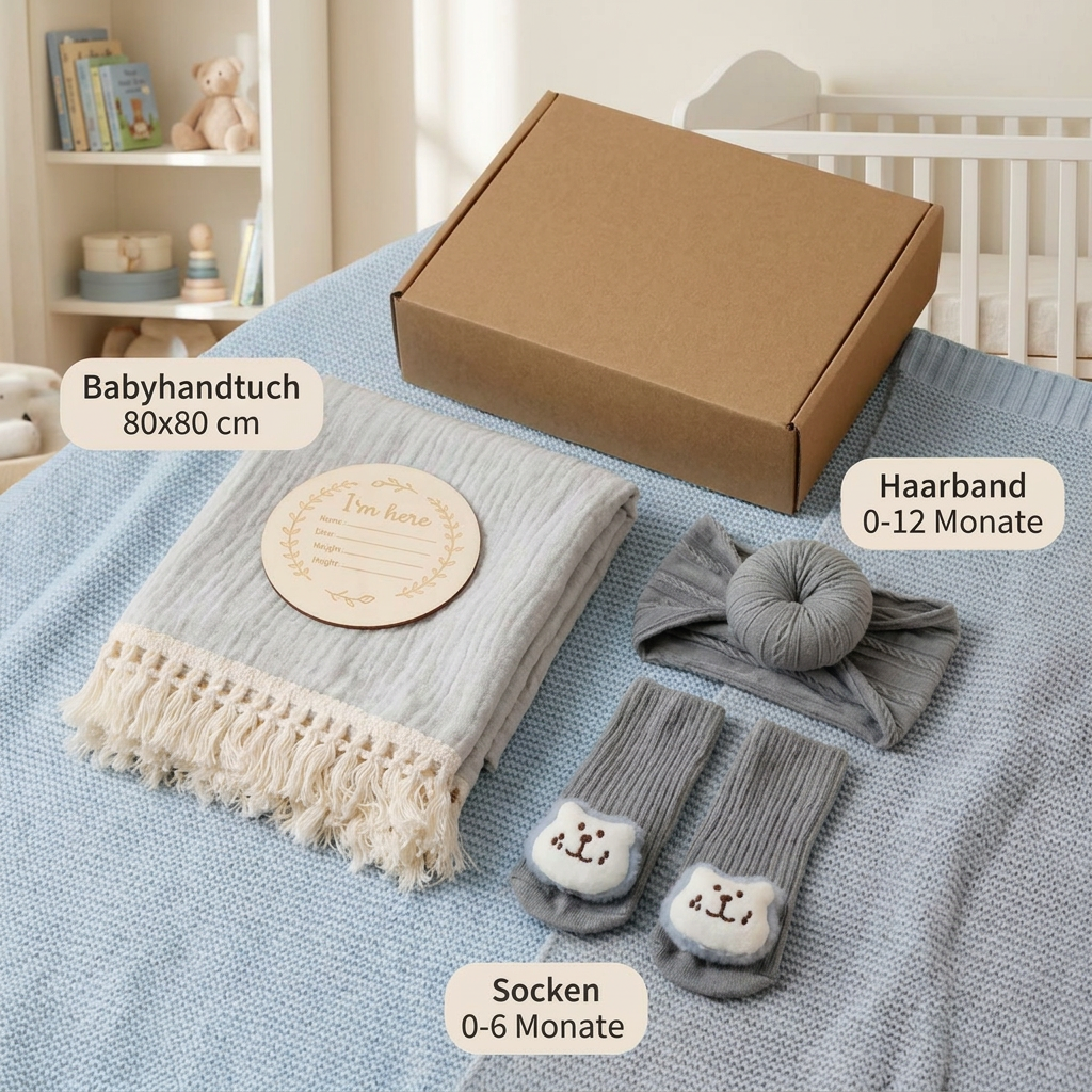Baby Care Gift Box – Towel, Socks or Headband & Bath Brush for Newborns