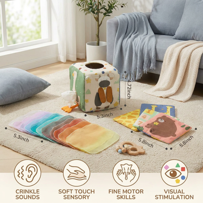 Montessori Baby Sensory Tissue Box – Soft Crinkle & Touch Activity Toy