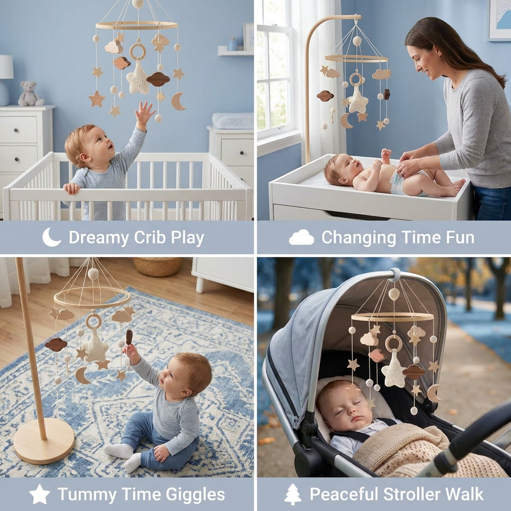 Handmade Wooden Baby Crib Mobile with Crochet Pendants – Soothing Bed Toy for Newborns