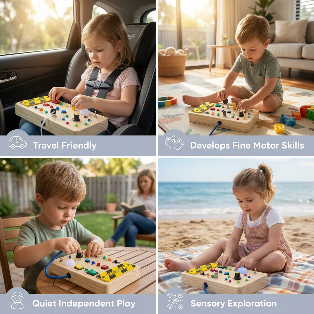 Montessori Wooden Sensory Board with Lights & Switches – Motor Skills Toy for Kids