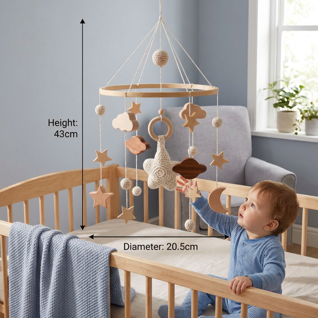 Handmade Wooden Baby Crib Mobile with Crochet Pendants – Soothing Bed Toy for Newborns