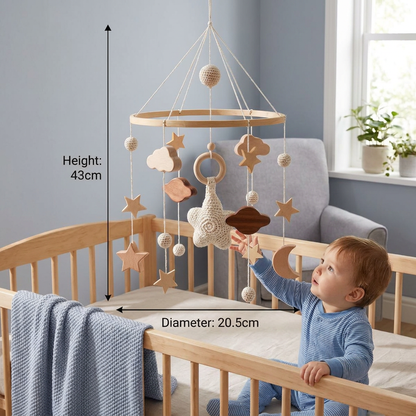 Handmade Wooden Baby Crib Mobile with Crochet Pendants – Soothing Bed Toy for Newborns