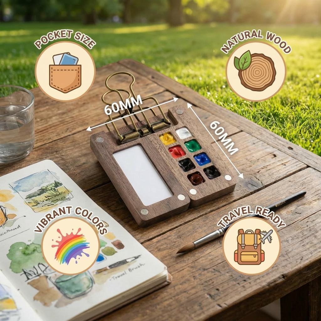 Mini Travel Watercolor Palette – Pocket Artist Paint Set with Compact Wooden Case