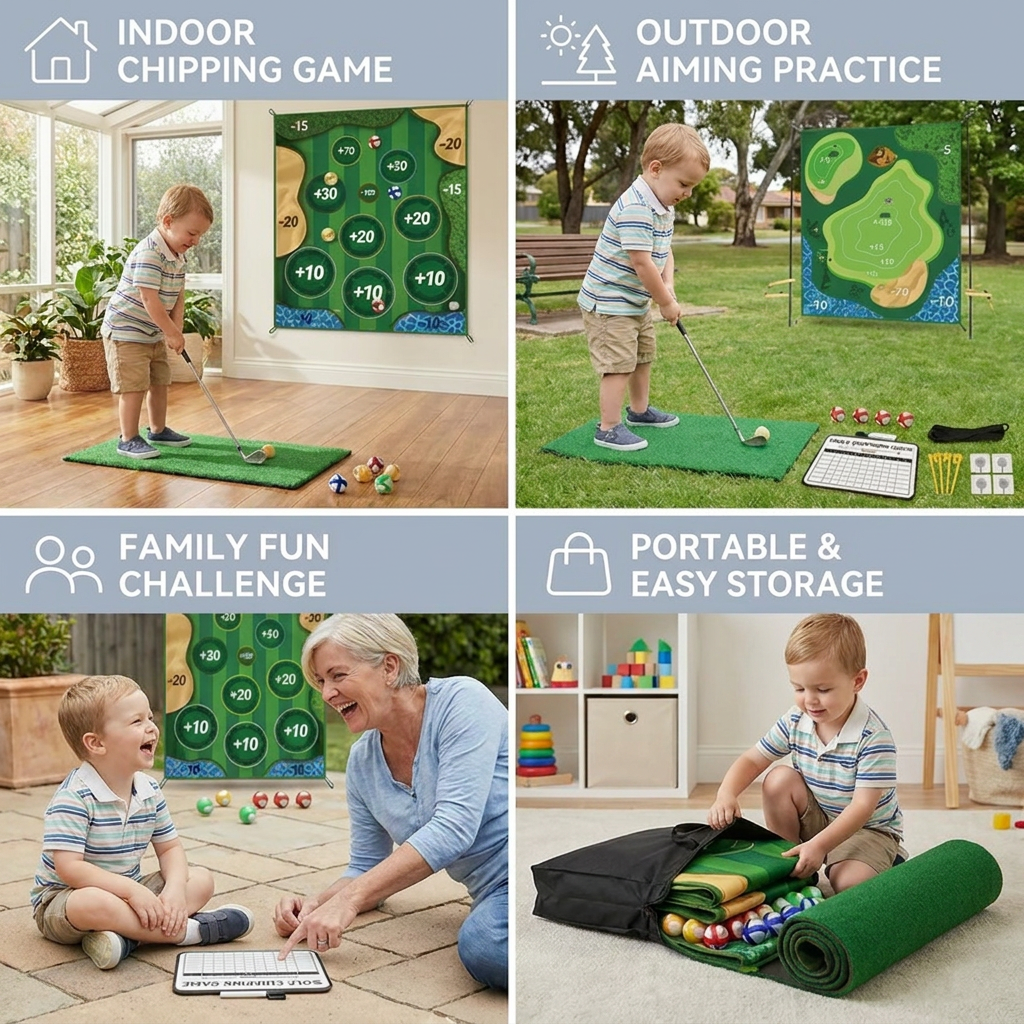 2in1 Golf Training & Play Set – Indoor & Outdoor Swing Mat with Target Wall & Club