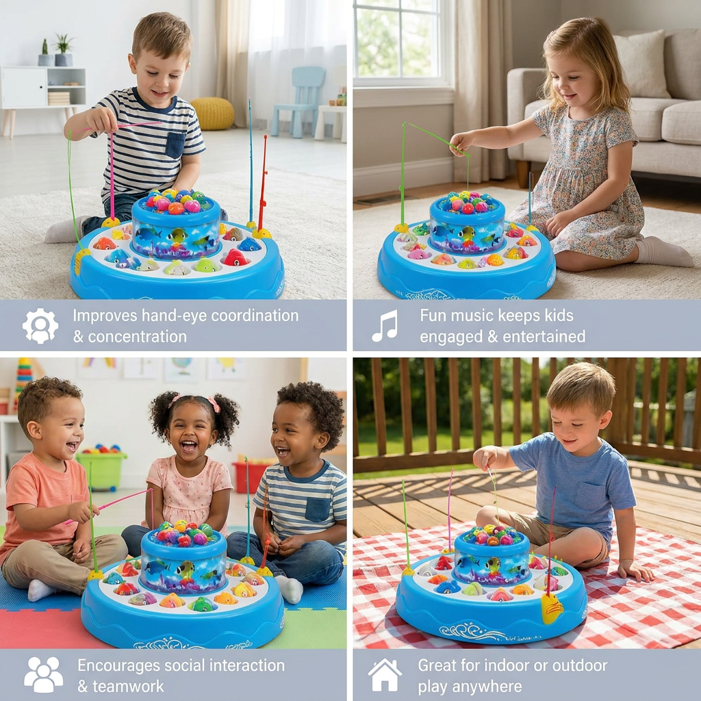 Electric Rotating Fishing Game Toy with Music and Colorful Fish