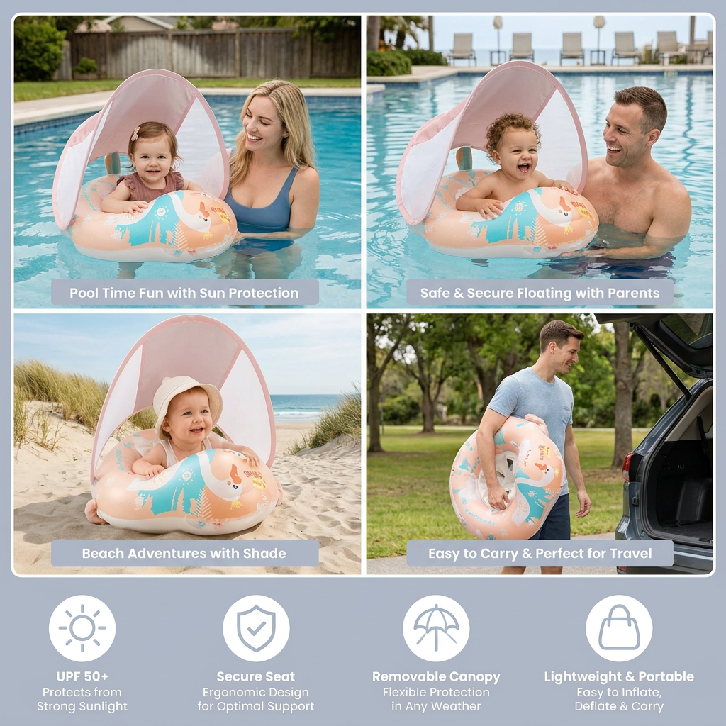 Swan Baby Swim Ring with Sun Canopy – Inflatable Safety Float Seat for Babies
