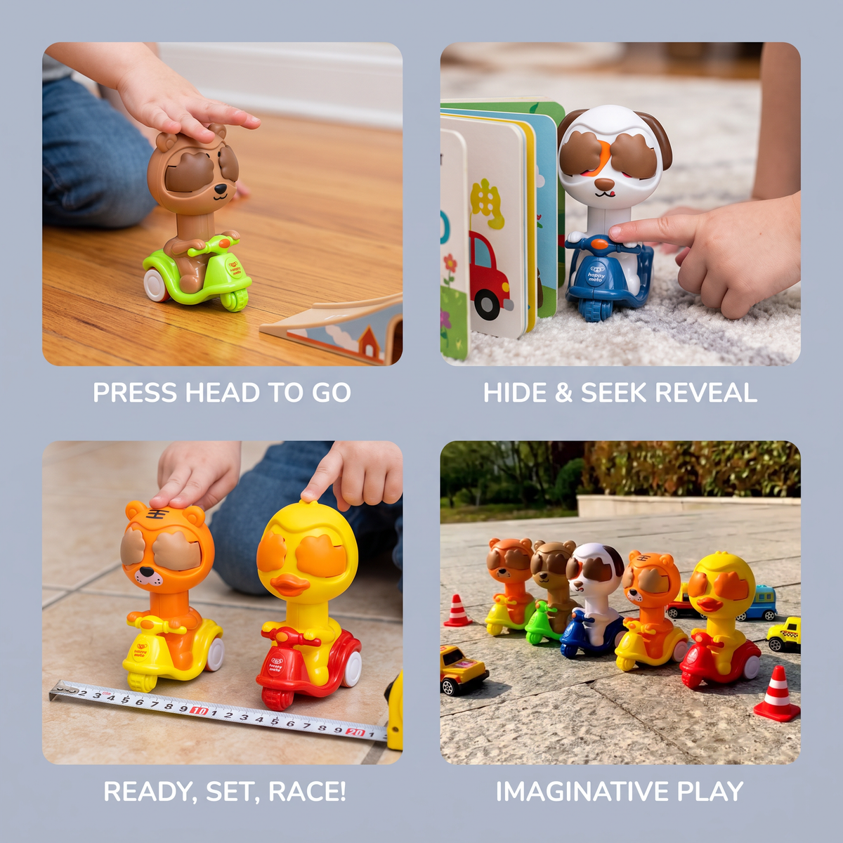 Press & Go Animal Motorcycle Toy – Cute Hide-and-Seek Character Car