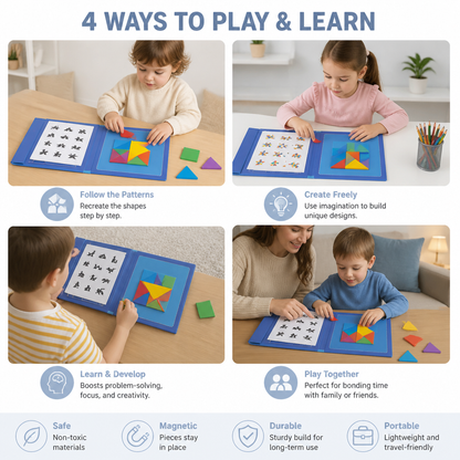 Portable Montessori Wooden Magnetic Tangram Puzzle Book Educational Toy