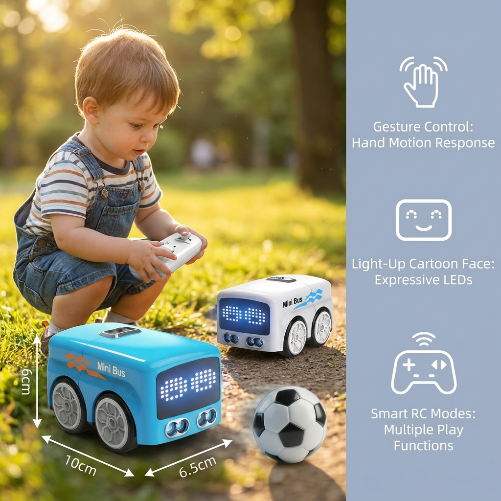 Smart RC Mini Bus Toy – Gesture Control Light-Up Cartoon Car for Kids
