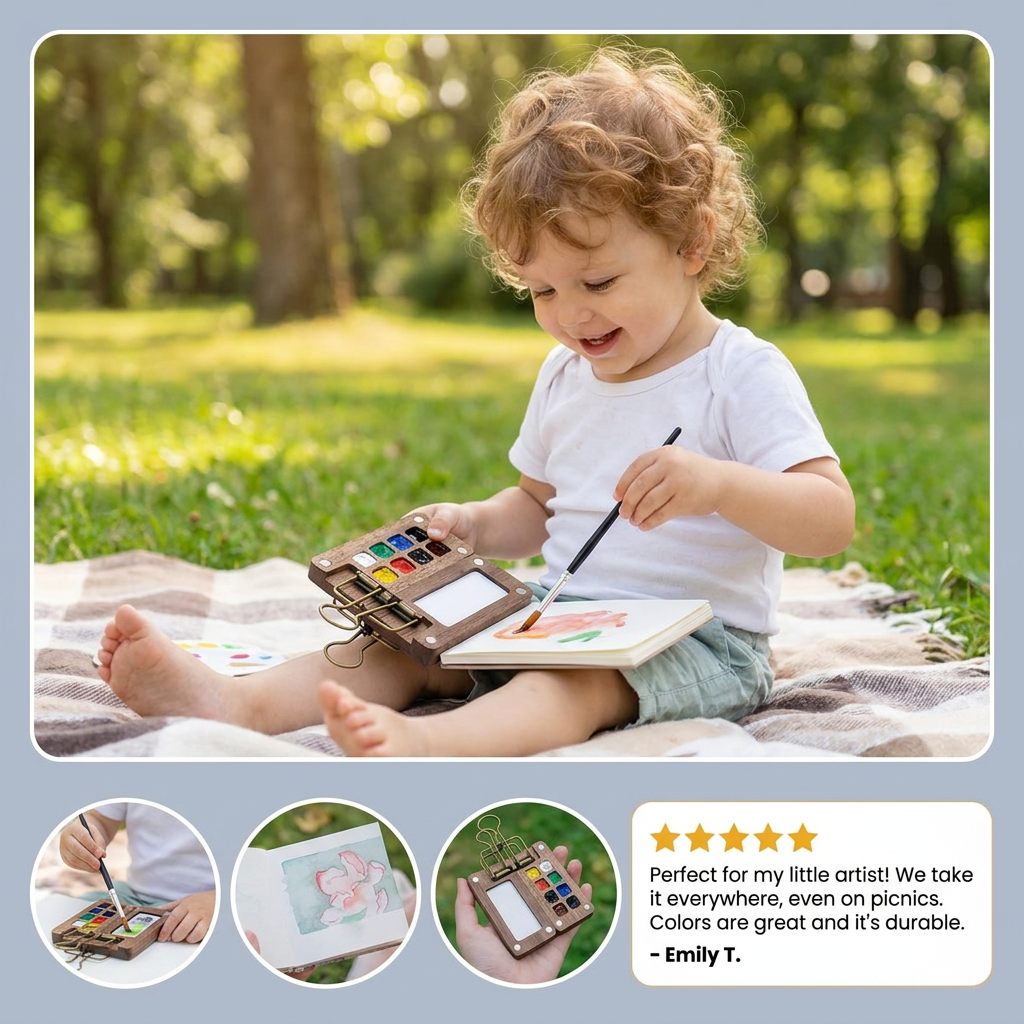 Mini Travel Watercolor Palette – Pocket Artist Paint Set with Compact Wooden Case
