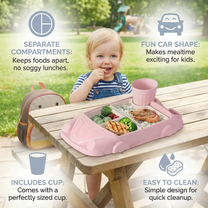 Kids Car-Shaped Bento Lunch Box – Fun Compartment Food Tray with Cup