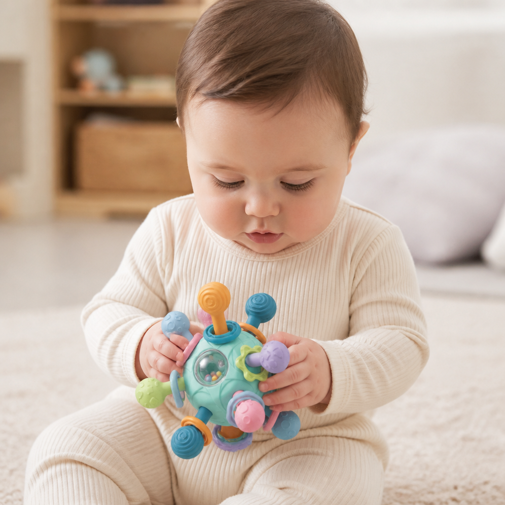 Sensory Baby Grasp Ball with Silicone Teething Aid and Rattle