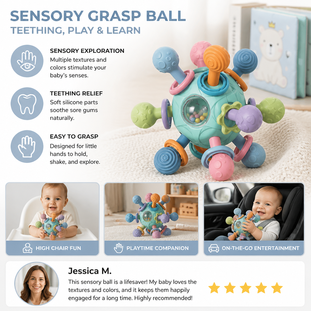 Sensory Baby Grasp Ball with Silicone Teething Aid and Rattle