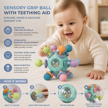 Sensory Baby Grasp Ball with Silicone Teething Aid and Rattle