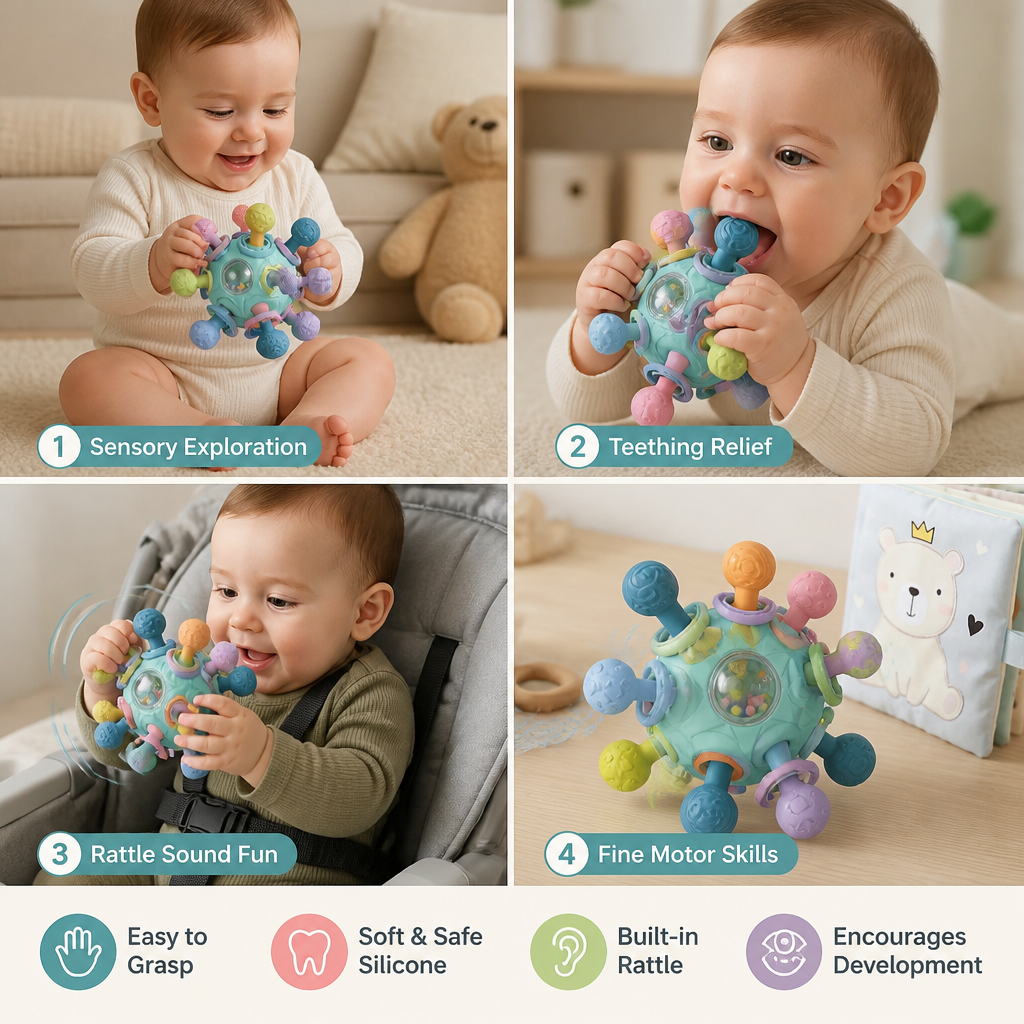 Sensory Baby Grasp Ball with Silicone Teething Aid and Rattle