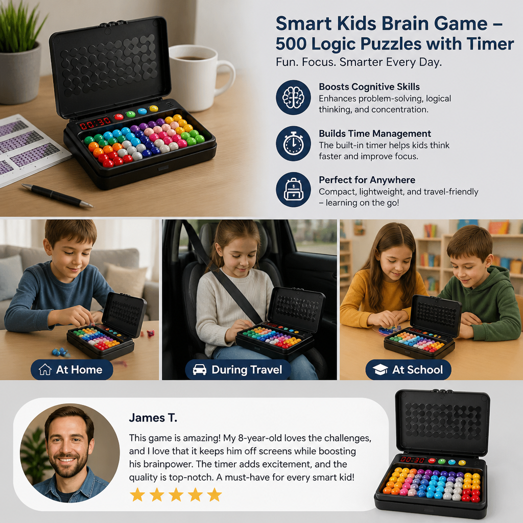 Smart Kids Brain Game – 500 Logic Puzzles with Timer