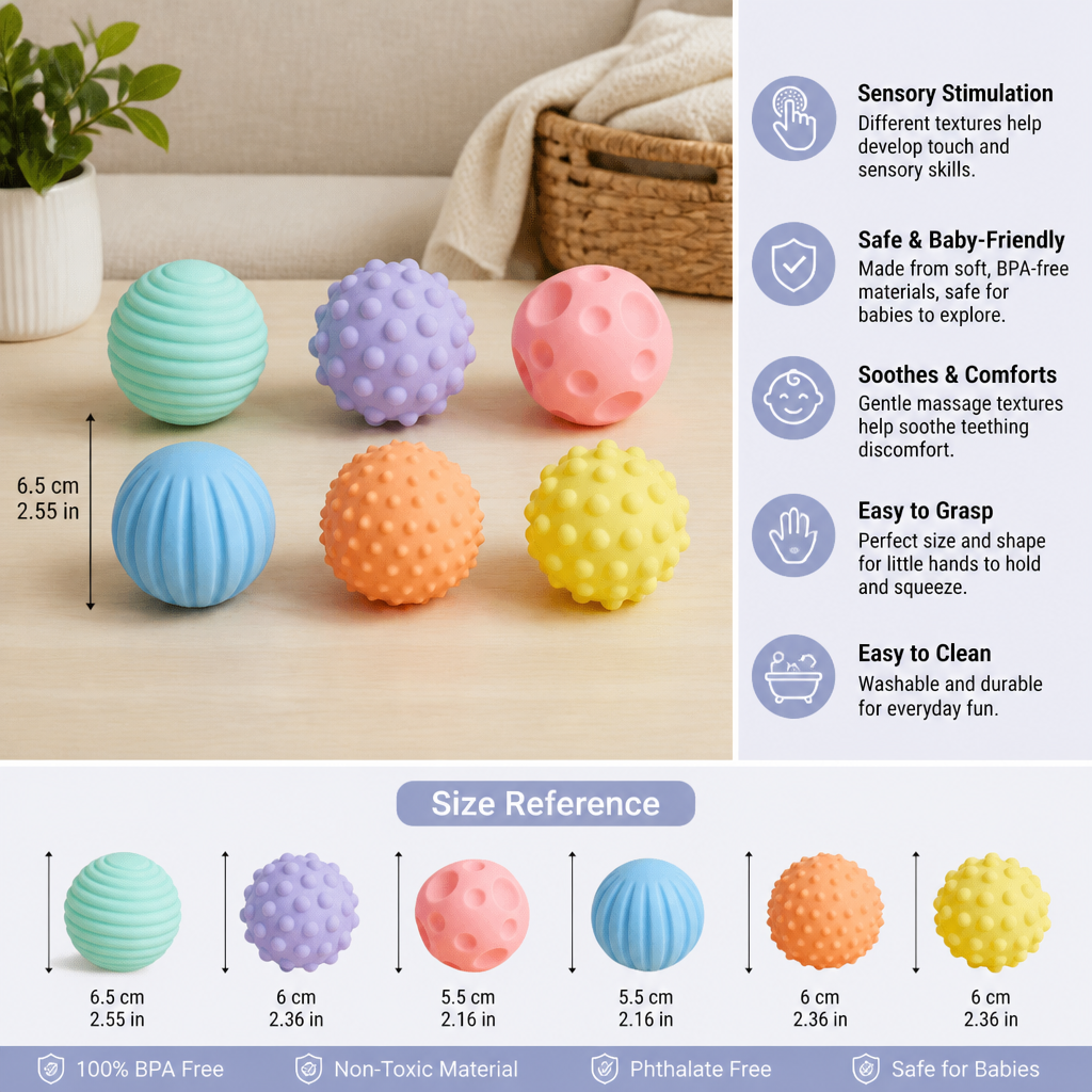 6-Piece Sensory Ball Set – Soft Textured Touch & Massage Balls for Babies & Kids