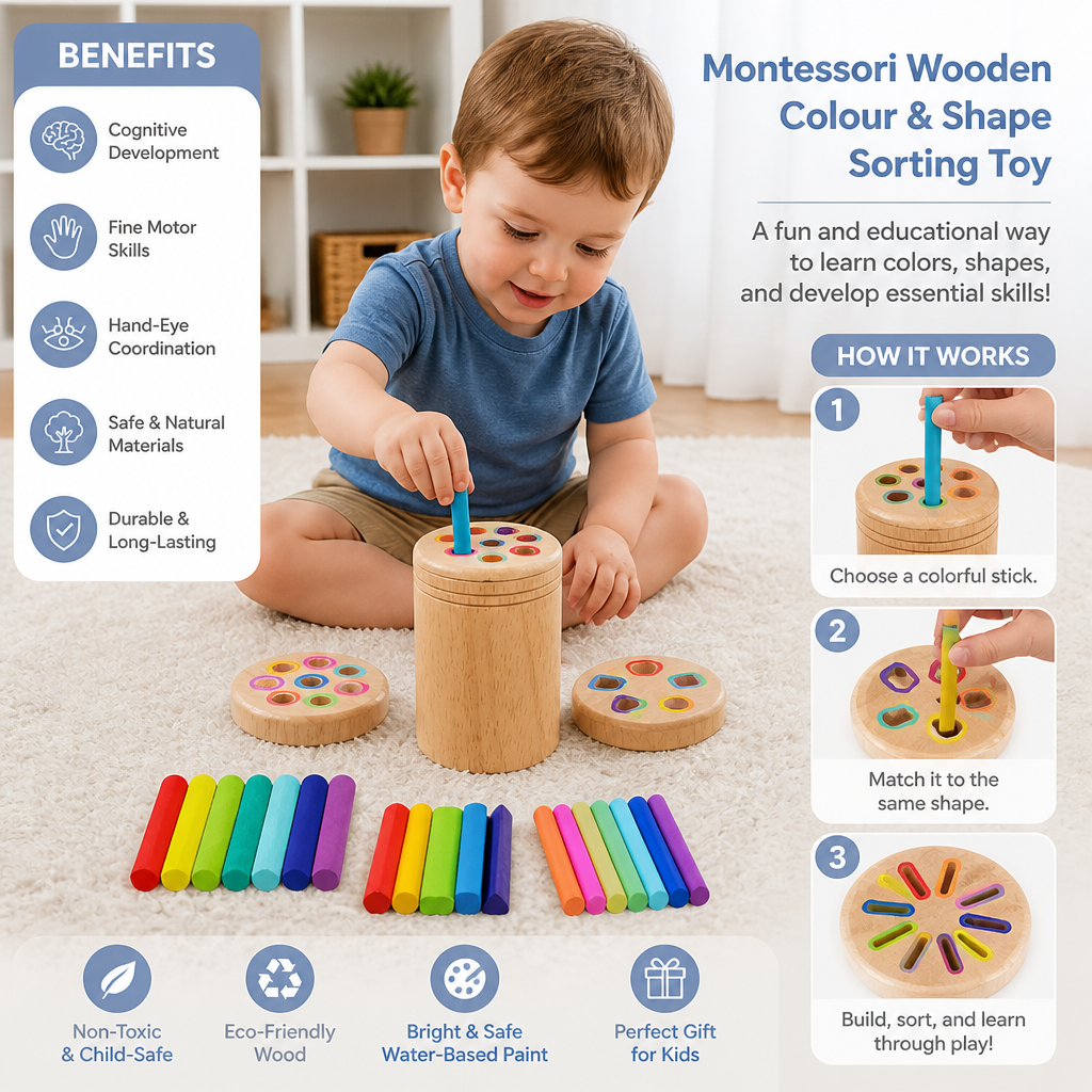 Montessori Wooden Colour & Shape Sorting Toy – Fine Motor Skills Learning Puzzle