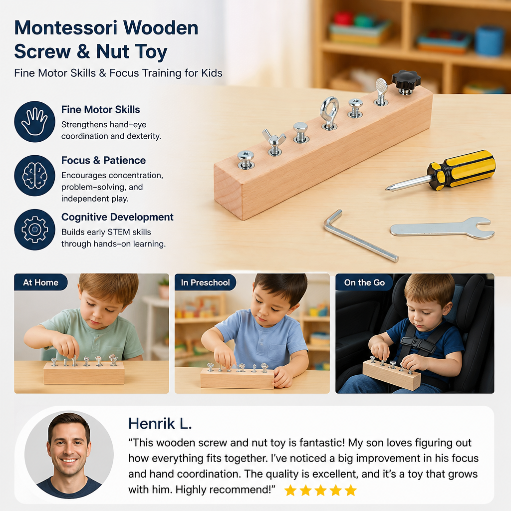 Montessori Wooden Screw & Nut Toy – Fine Motor Skills & Focus Training for Kids