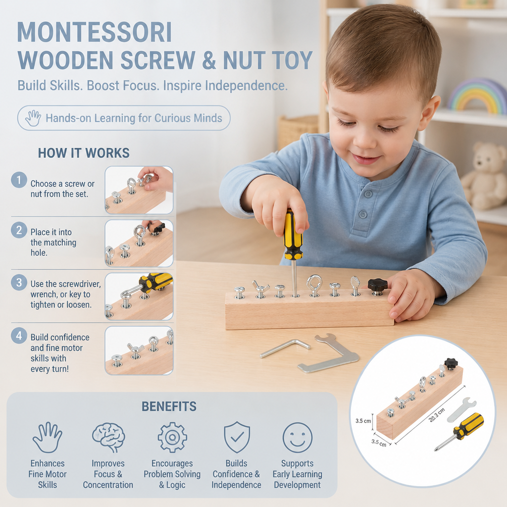 Montessori Wooden Screw & Nut Toy – Fine Motor Skills & Focus Training for Kids