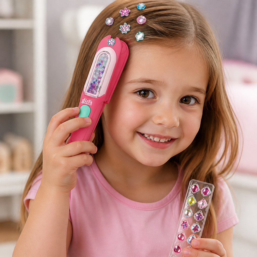 Kids Hair Gem Styling Kit – Hair Gem Stamper with Reusable Sparkling Gems