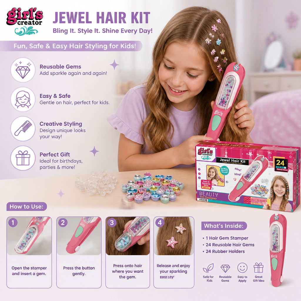 Kids Hair Gem Styling Kit – Hair Gem Stamper with Reusable Sparkling Gems