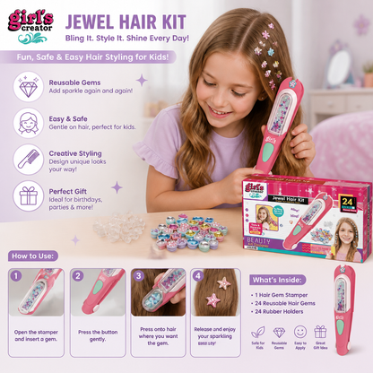 Kids Hair Gem Styling Kit – Hair Gem Stamper with Reusable Sparkling Gems