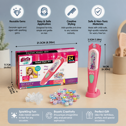 Kids Hair Gem Styling Kit – Hair Gem Stamper with Reusable Sparkling Gems