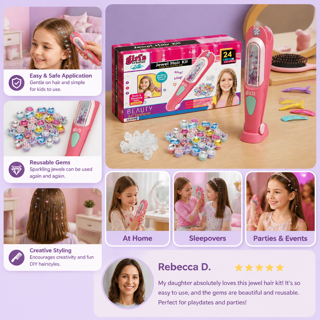 Kids Hair Gem Styling Kit – Hair Gem Stamper with Reusable Sparkling Gems