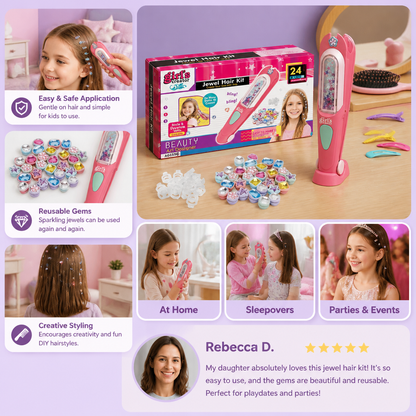 Kids Hair Gem Styling Kit – Hair Gem Stamper with Reusable Sparkling Gems