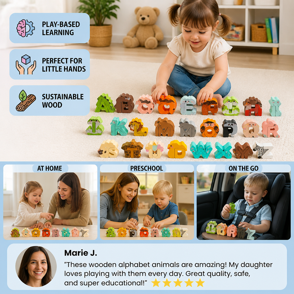 Wooden Animal Alphabet Puzzle - A to Z Learning Toy for Kids