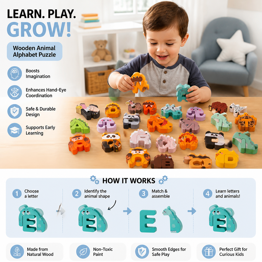 Wooden Animal Alphabet Puzzle - A to Z Learning Toy for Kids