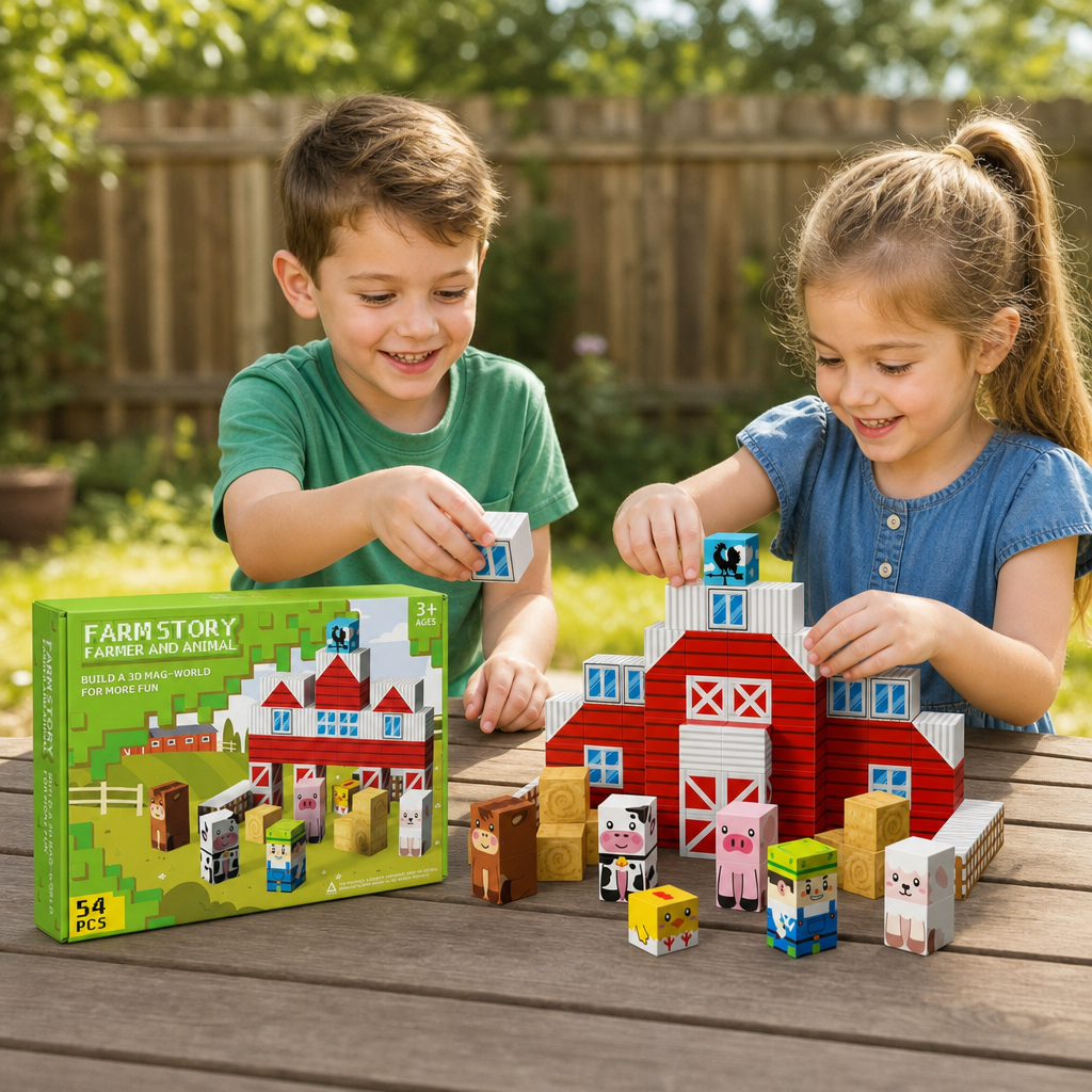 Farm Story Magnetic Building Blocks Travel Playset with Animals & Barn