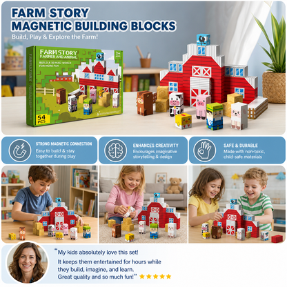 Farm Story Magnetic Building Blocks Travel Playset with Animals & Barn