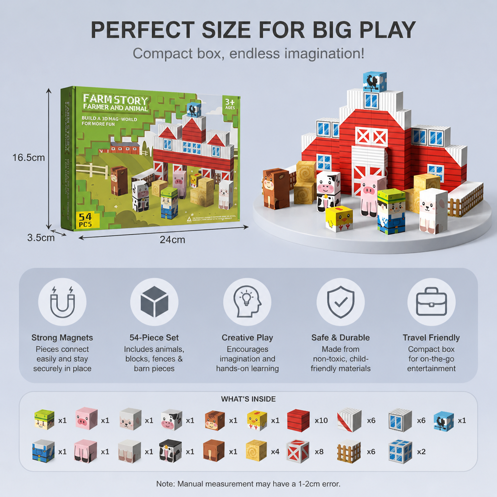 Farm Story Magnetic Building Blocks Travel Playset with Animals & Barn