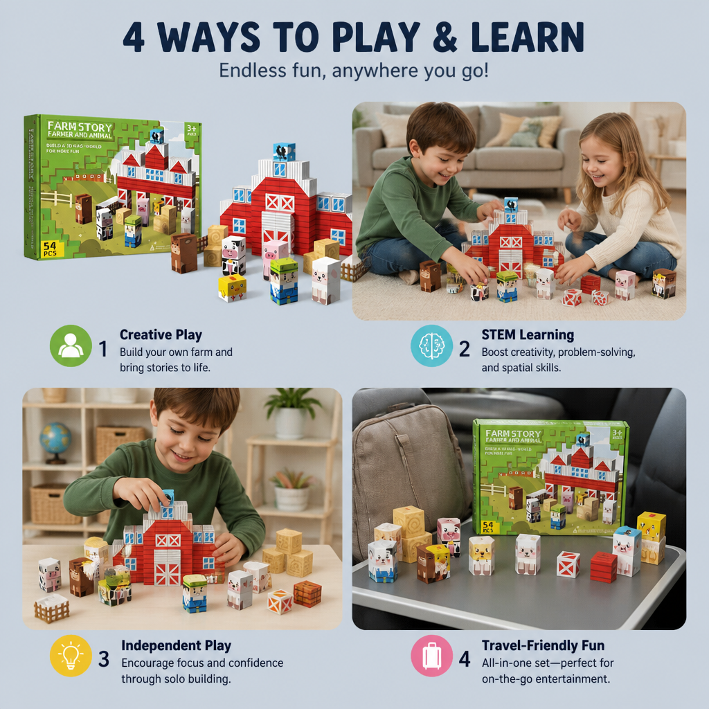 Farm Story Magnetic Building Blocks Travel Playset with Animals & Barn