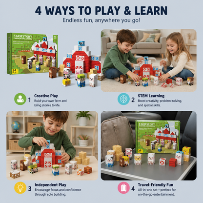 Farm Story Magnetic Building Blocks Travel Playset with Animals & Barn