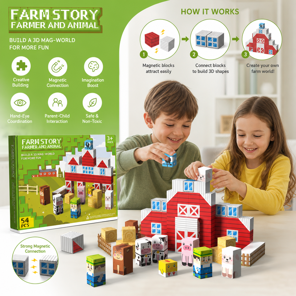 Farm Story Magnetic Building Blocks Travel Playset with Animals & Barn