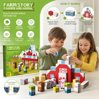 Farm Story Magnetic Building Blocks Travel Playset with Animals & Barn