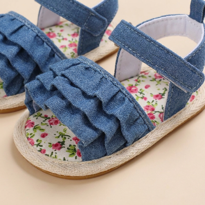 Denim Ruffle Sandals Floral