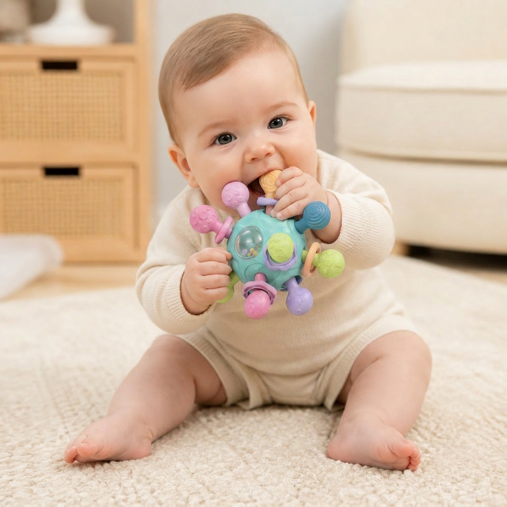 Sensory Baby Grasp Ball with Silicone Teething Aid and Rattle