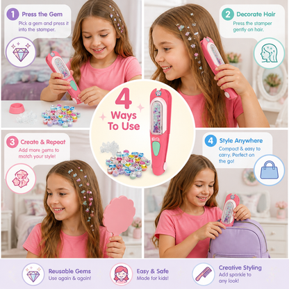 Kids Hair Gem Styling Kit – Hair Gem Stamper with Reusable Sparkling Gems