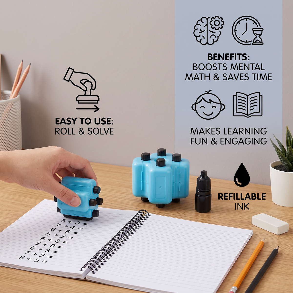 4-in-1 Math Roller Stamp – Addition, Subtraction, Multiplication & Division Practice