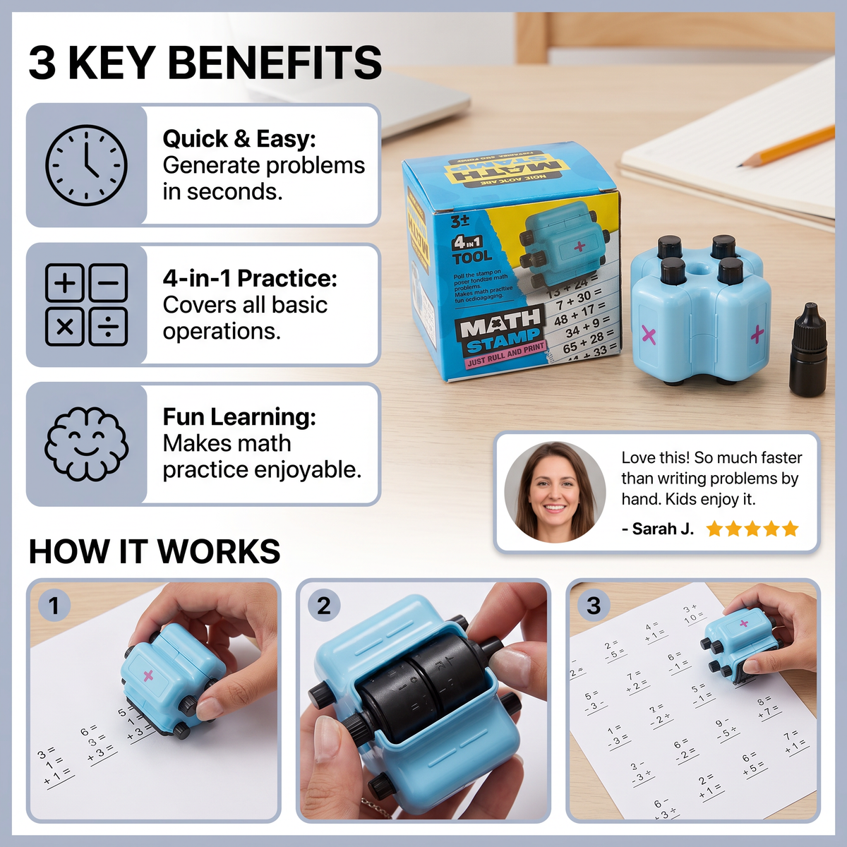 4-in-1 Math Roller Stamp – Addition, Subtraction, Multiplication & Division Practice