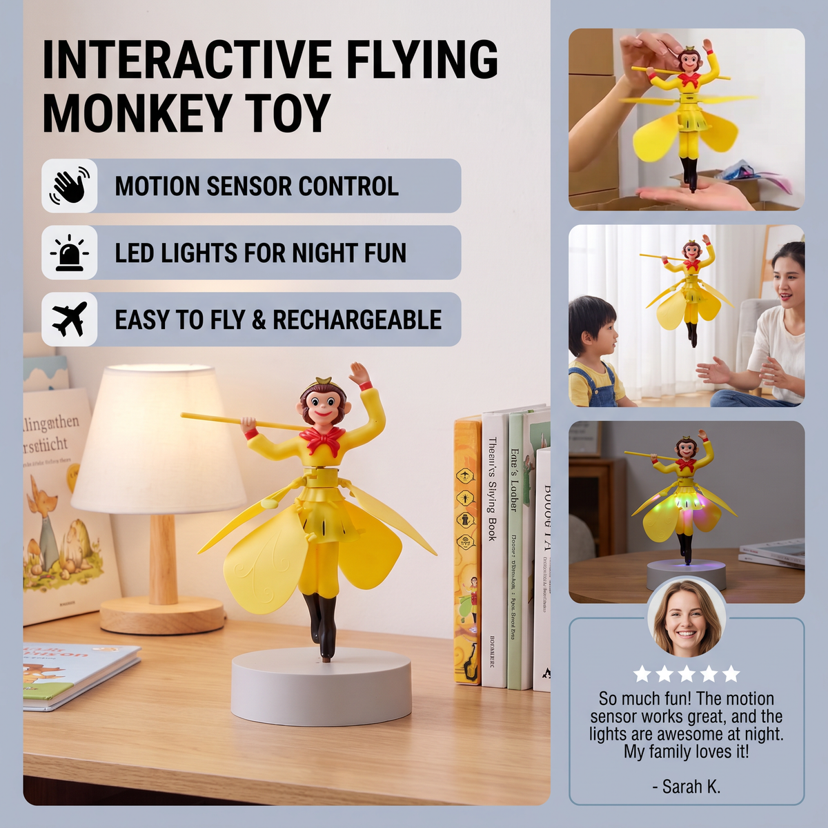 Interactive Flying Monkey Toy with Motion Sensor & LED Lights