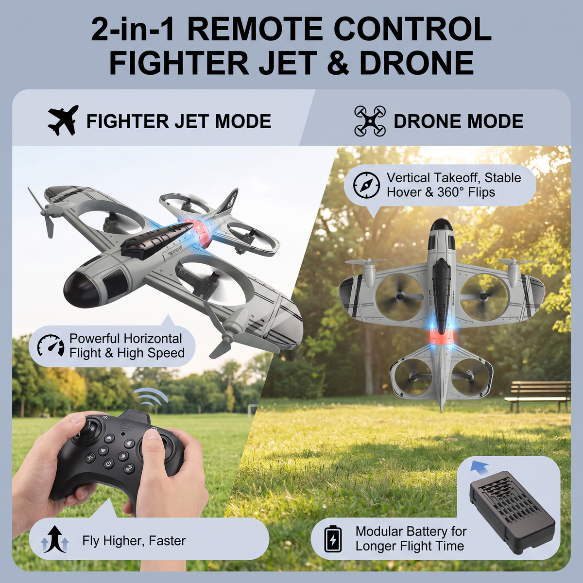 2-in-1 Remote Control Fighter Jet & Drone Toy