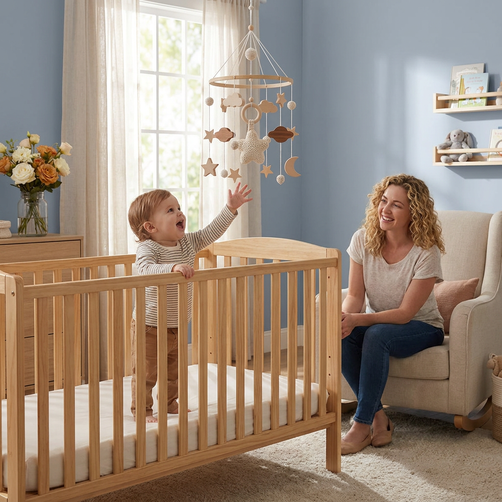 Handmade Wooden Baby Crib Mobile with Crochet Pendants – Soothing Bed Toy for Newborns