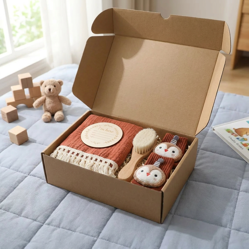 Baby Care Gift Box – Towel, Socks or Headband & Bath Brush for Newborns