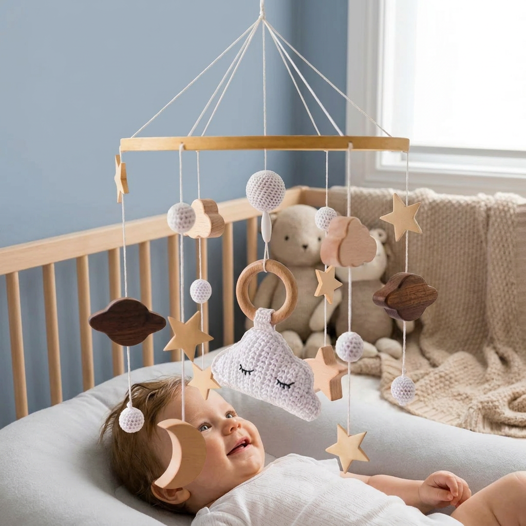 Handmade Wooden Baby Crib Mobile with Crochet Pendants – Soothing Bed Toy for Newborns