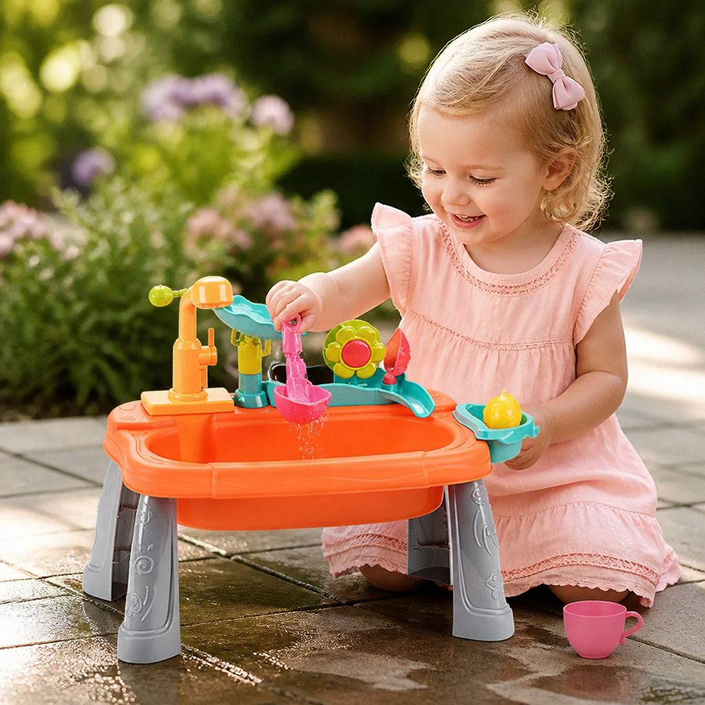 Ergonomic Elevated Kids Kitchen Sink Playset with Electric Running Water